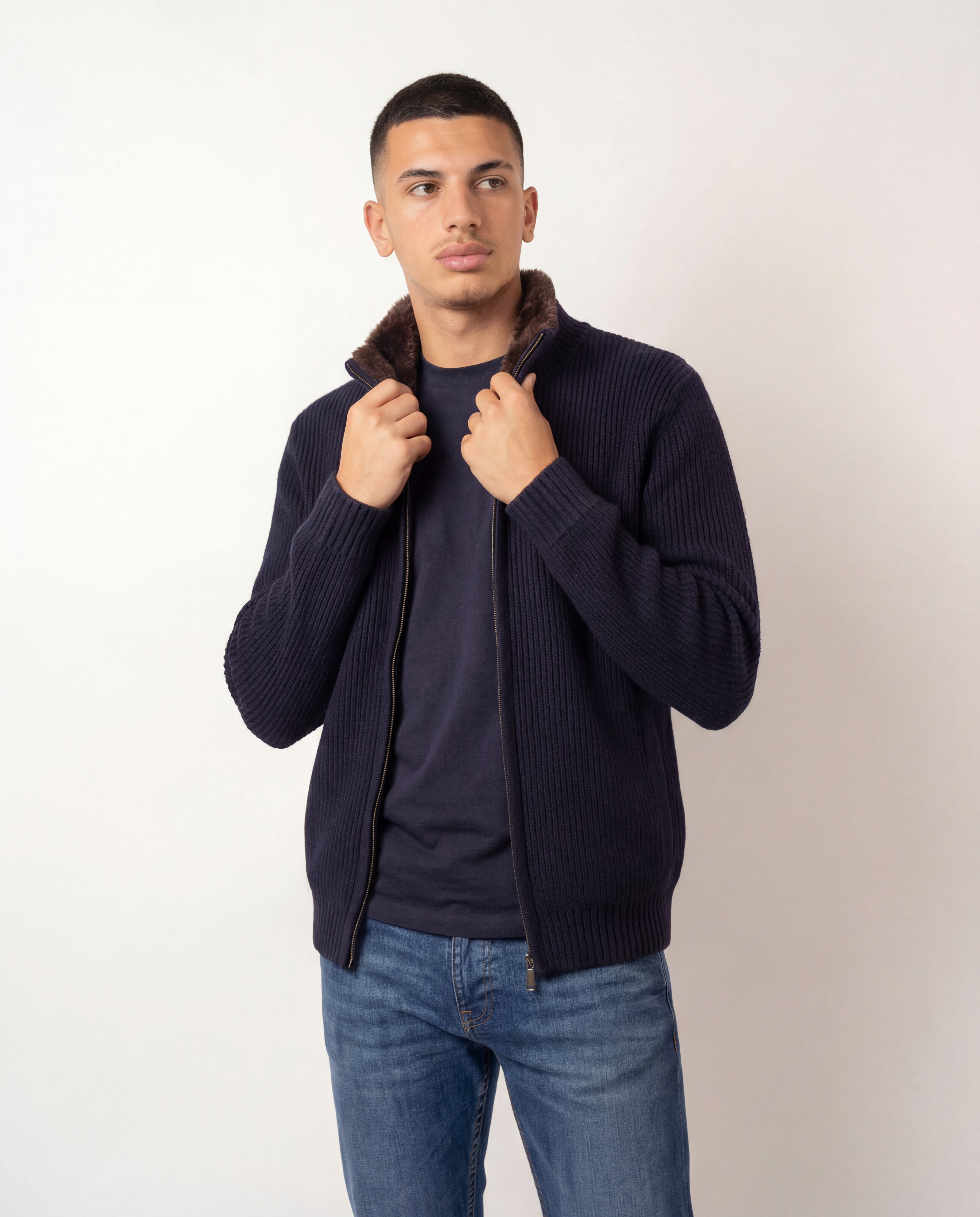 FUR COLLAR WOOL ZIP | NAVY